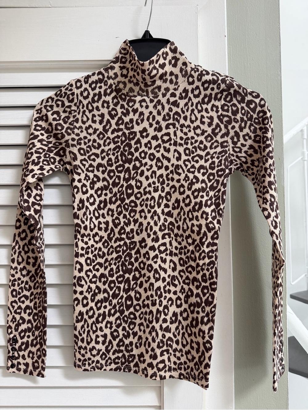 Sezane Long Sleeve Turtleneck Top in Beige and Brown Leopard Print